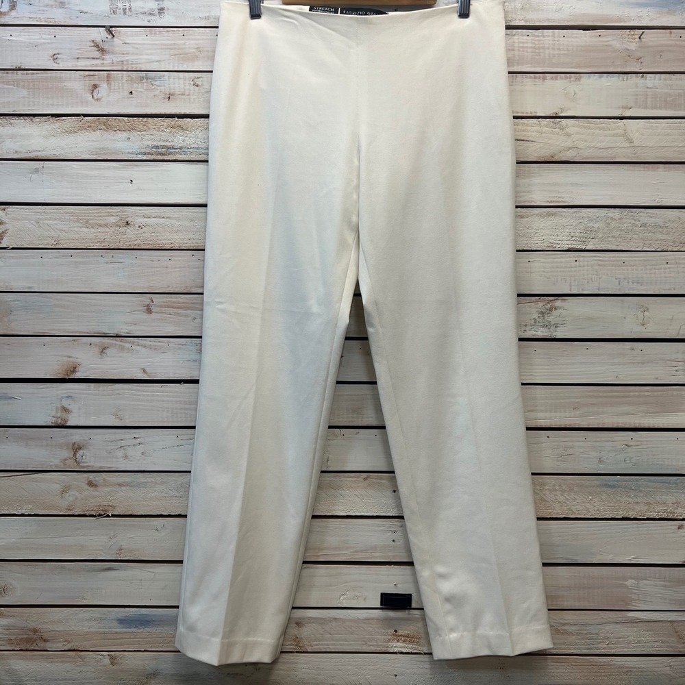 Fabrizio Gianni Ivory Straight Leg Pants Stretch Twill Tailored Minimalist 10